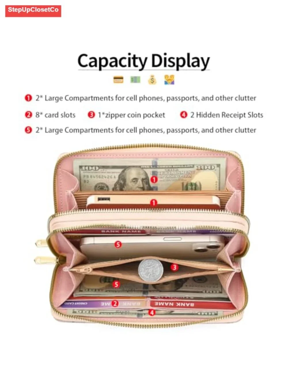 RFID Blocking PU Leather Wristlet Wallet with Detachable Strap Double Zipper